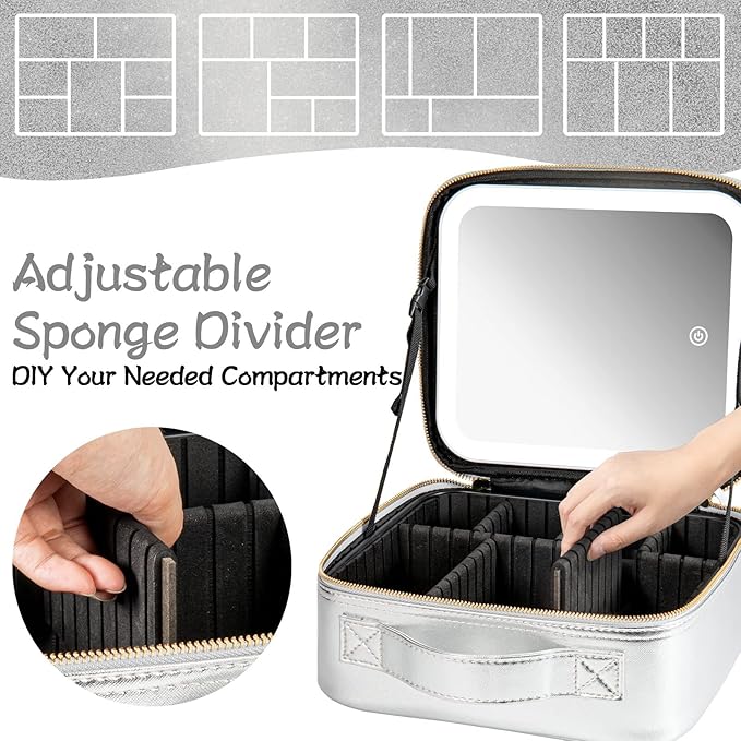 Makeup Travel Train Case with Mirror LED Light 3 Adjustable Brightness Large Cosmetic Bag Portable Storage Adjustable Partition Waterproof Make up Brushes Makeup Jewelry Gift for Women