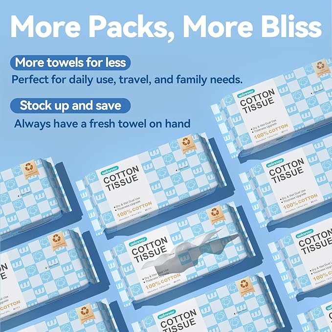 Winner Soft Face Towels, Upgraded Thicker 100% USA Cotton Dry Wipes, Unscented and Gentle on Sensitive Skin, Disposable Makeup Remover and Facial Towelettes (480 Count, Pack of 6)
