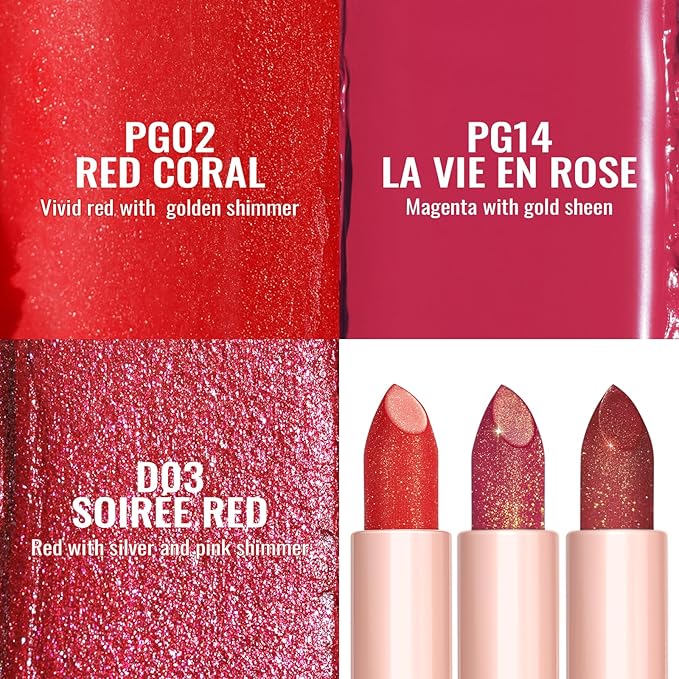 Oulac Moisture Red Lipstick Set 3PCS - Infinity High Shine Finish, Hydrating Vegan Lipstick Infused with Damask Rose Oil for All-Day Comfort, Gluten-Free, PG02+PG14+D03