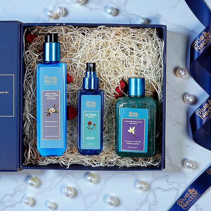 Premium Ayurvedic Beauty Gift Set for Women & Men | Blue Nectar Vanilla Lotion, Body Wash & Scrub & Body Mist with Herbal Ingredients | Ideal Gift for Mom,Dad, Girlfriend & Coworkers