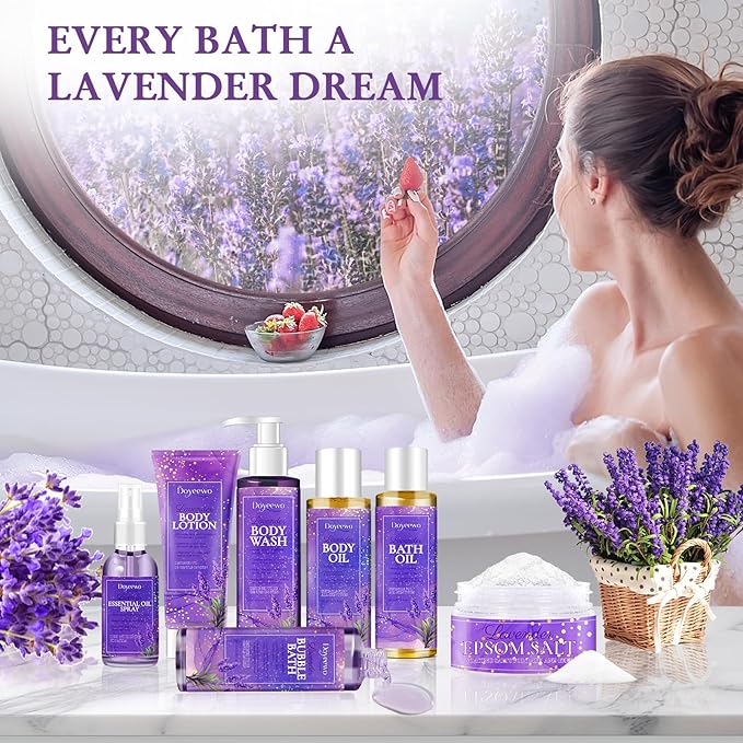 Spa Bath Body Care Wash Christmas Gifts Baskets for Women,Relaxation Calming Lavender Spa Set Home Relaxing Self Care Shower Kit Birthday Valentines Stocking Stuffers Gifts for Women Mom Wife Sister