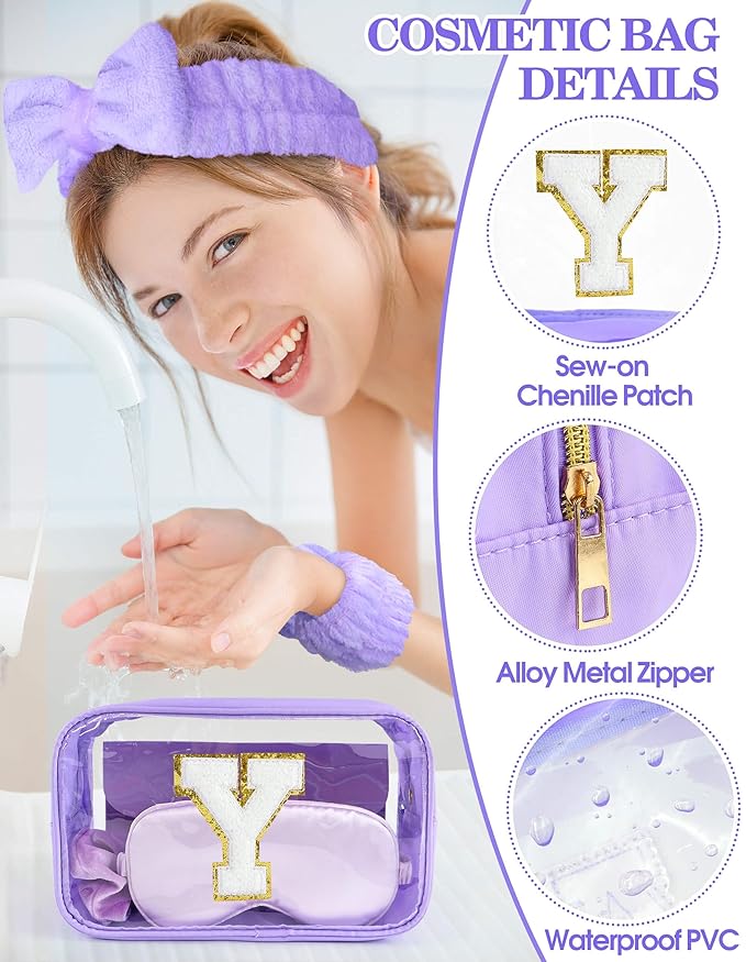 Gift Sets for Women, Initial Makeup Bag with Makeup Brush Set Bachelorette Party Favors, Purple Spa Kit with Skincare Headbands Wrist Bands Sleepover Party Supplies Gifts for Teen Girls Bridesmaid Y