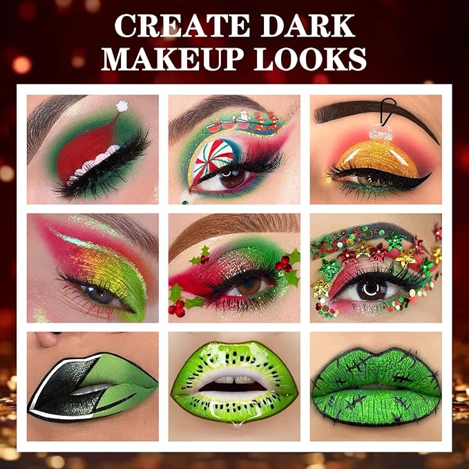 BOBISUKA Eyeshadow + Matte Lipstick Makeup Set, 6 Colors Green Red Shimmer Matte Gold Glitter Eye Shadow Pallet with Green Liquid Lipstick Makeup Kit for Christmas, Halloween, St Patricks Day