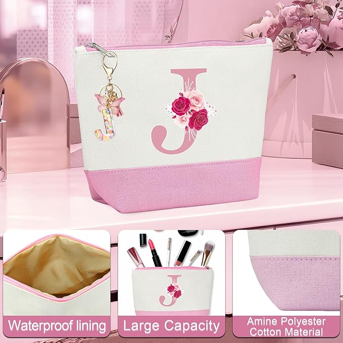 Monogrammed Gifts for Women,Personalized Gift for Women,Initial Canvas Tote Bag,16oz Initial Glass Cup,Makeup Bag for Sister,Jewelry Organizer Box,Birthday Gifts for Aunt Niece-J