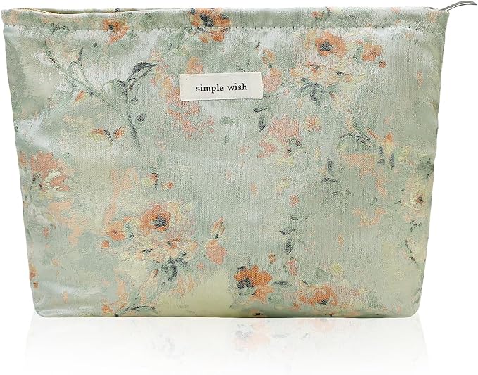 Wudygirl Aesthetic Makeup Bag Large Capacity Cosmetic Bag Canvas Makeup Pouch Toiletry Bag for Women and Girls Travel Floral Make up Bag Makeup Organizer with Zipper (Oli Rose)