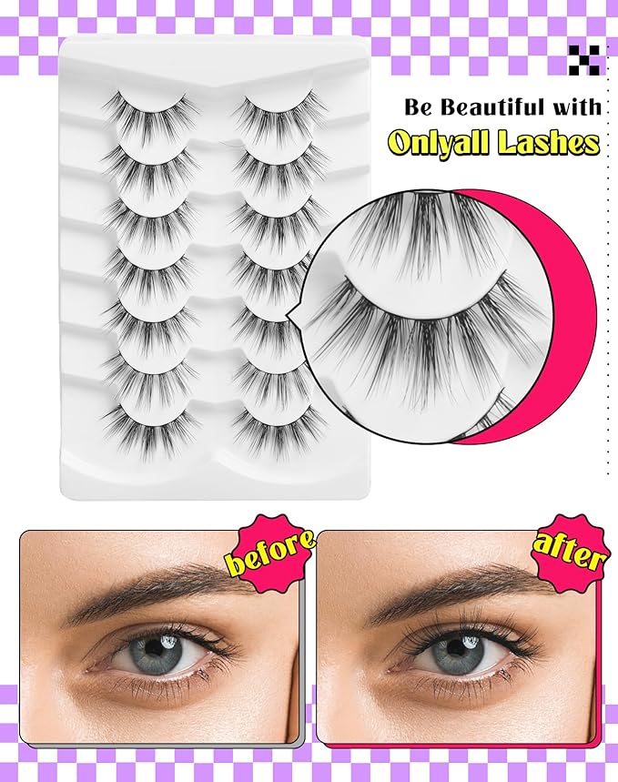 Onlyall Natural Lashes Wispy Lashes Natural Look False Eyelashes Natural Flared Eyelashes False Eye Lashes Soft Fluffy Lashes 7 Pairs DK51, Black