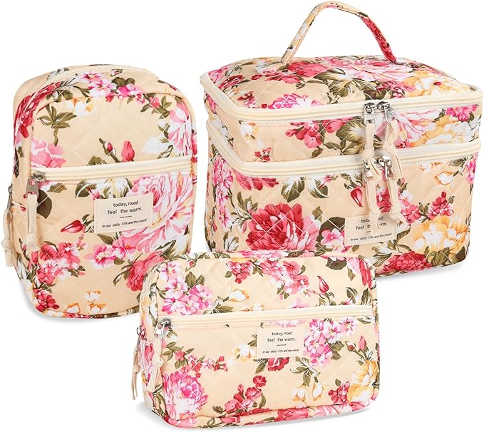 Anfly Makeup Bag, Quilted Cosmetic Bags, Large Floral Make Up Bag, Cute Makeup Bag 3PC Set for Women Girls (Large Flowers)