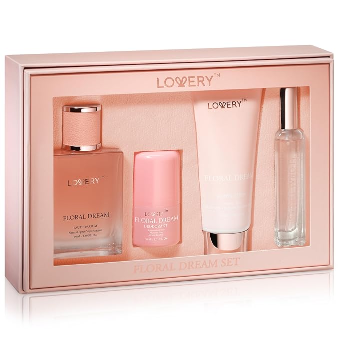 Gift for Women, Floral Dream 4 in 1 Womens Perfume & Deodorant Set - 4pc Pink Eau de Parfum Fragrance Sets - Perfumes for Women Gift Set with Non Toxic Antiperspirant Stick, Body Lotion & Mini Perfume