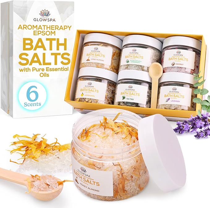Bath Salts Gift Set for Women – Pack of 6 Scents: Lavender, Rose, Chamomile, Eucalyptus, Coconut, Orange – Epsom Salt Gift Set, Bath Crystals for Women Relaxing, Self Care Gift for Mom