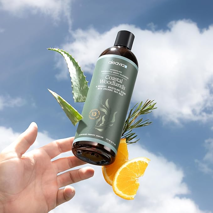 Aleavia Coastal Woodlands Mens Body Cleanse – Organic & All-Natural Prebiotic Body Wash for Men, Woodsy Notes Scented with 13 Essential Oils, – Nourish Your Skin Microbiome – 16 Oz.
