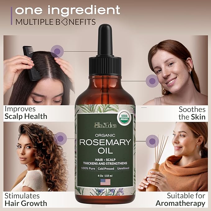 Ella & Eden Organic Rosemary Oil for Hair - 100% Pure, Steam-Distilled, Hexane-Free | Essential Oil for Skin Aromatherapy | Glass Bottle - 4 Oz