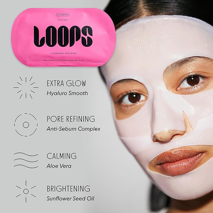 LOOPS DOUBLE TAKE - Glow Hydrogel Korean Face Mask - Calms & Soothes Skin’s Surface - Helps Refine Pores Glowing and Luminous - For All Skin Types - 5 pc