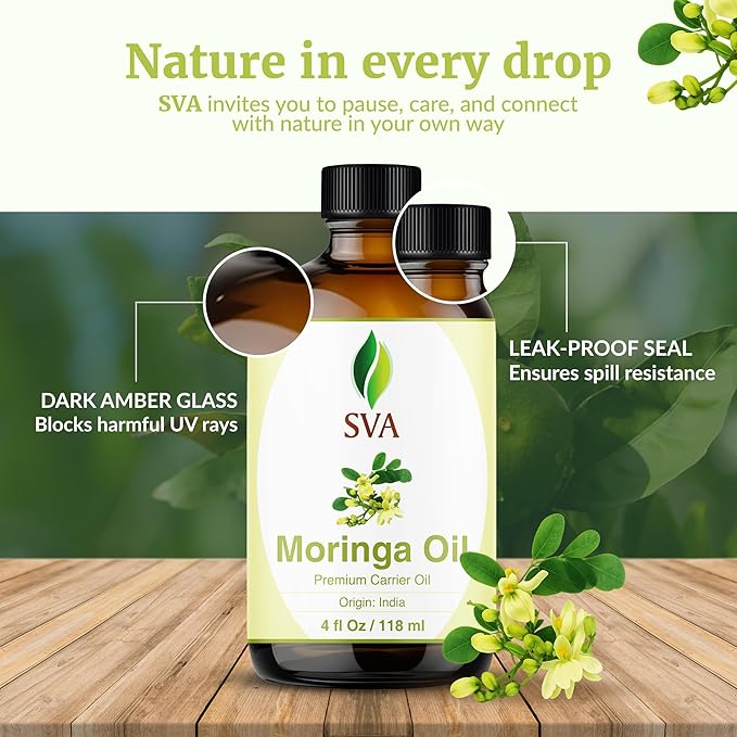 SVA Moringa Seed Oil - 4 Fl Oz – 100% Natural Cold Pressed Moringa Oil - for Face, Skin Care, Hair Care, Scalp Massage & Body Massage – Carrier Oil with Dropper