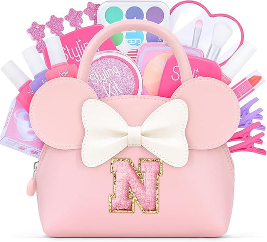 Pretend Makeup Kit for Girls Kids Toddlers - Initial Purse & Makeup Sets for Kids Make Up Toys Gifts for Girls Kid N