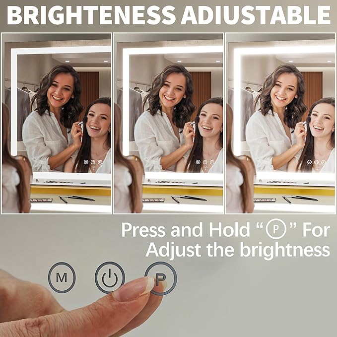 FENNIO 23" x 18" Vanity Mirror with Lights，LED Makeup Mirror，Hollywood Mirror with 3 Color Modes & Adjustable Brightness，Vanity Mirror Square Gold