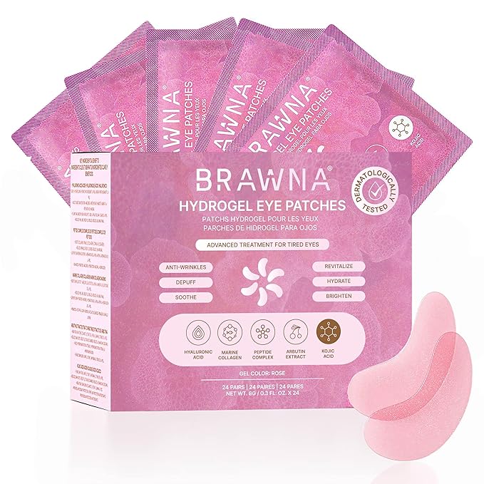 BRAWNA Hydrogel Undereye Mask Patch with Arbutin, Kojic Acid, Callogen, Peptides, Hyaluronic Acid - for Dark Circles, Puffy Eyes, Undereye Bags, Wrinkles - 24 Pairs - Rose