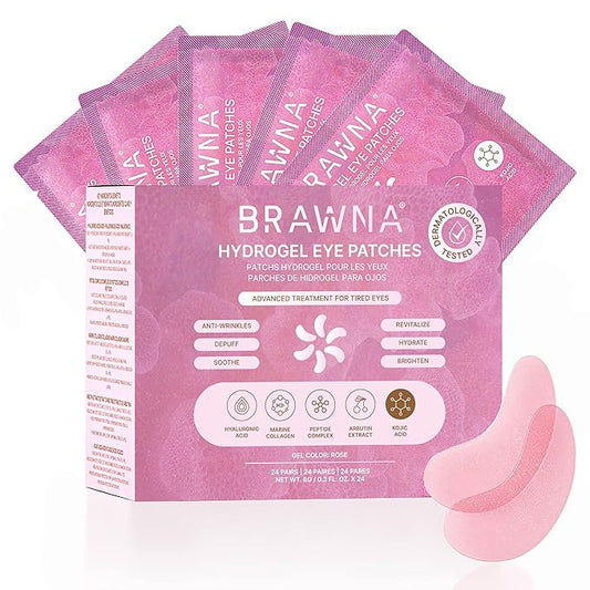 BRAWNA Hydrogel Undereye Mask Patch with Arbutin, Kojic Acid, Callogen, Peptides, Hyaluronic Acid - for Dark Circles, Puffy Eyes, Undereye Bags, Wrinkles - 24 Pairs - Rose