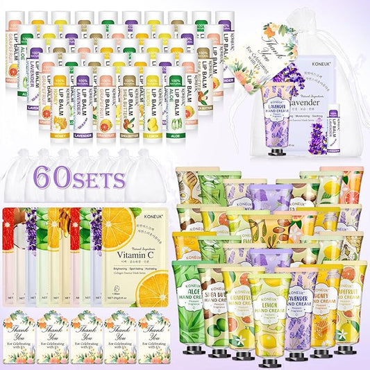 60 Pack Bulk Lip Balm, Facial Mask and Hand Cream Sets, Stocking Stuffers for Women, Christmas Gifts and Bridesmaid Gifts for Guests, Birthday Gifts, Adult Party Favors and Small Gifts for Women