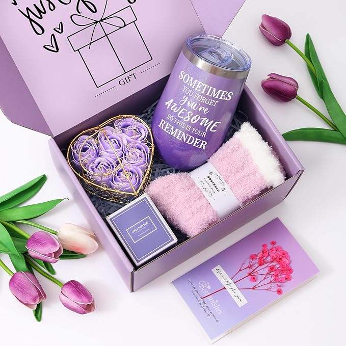 Gifts Baskets for Women, Birthday Baskets Mom, Sister, Her, Employee, Wife, Thanksgiving Day, Christmas Gifts for Women, Care Package, Gift Sets with Canvas Tote Bag Sock Tumbler Soap Flower