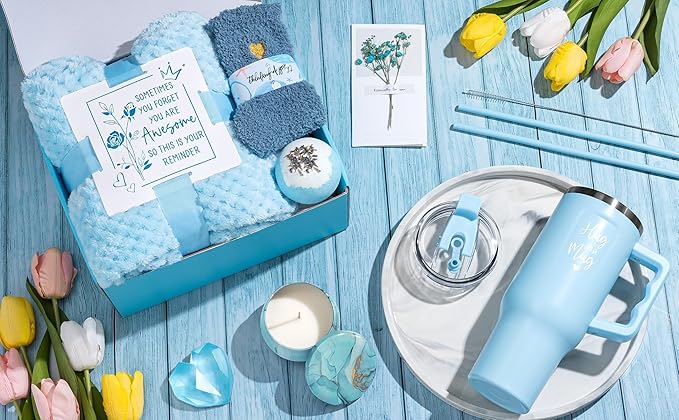 Birthday Gifts for Women Self Care Gifts Get Well Soon Gifts, Ocean Relaxing Spa Gifts Basket Care Package w/ Flannel Blanket 40 OZ Tumbler, Mothers Day Gifts for Mom Her Wife Girlfriends Sister Wife