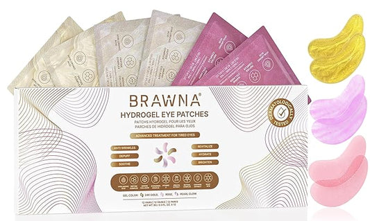 BRAWNA Hydrogel Undereye Mask Patch Gift Set with Hyaluronic Acid, Collagen, Retinol, Caffeine, Peptide, Kojic Acid, Arbutin - For Dark Circles, Puffy Eyes, Undereye Bags, Wrinkles -12 Pairs
