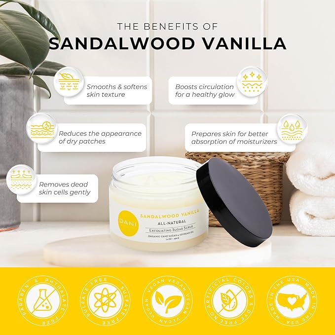 DANI Naturals Exfoliating Sugar Scrub - Warm Sandalwood Vanilla, featuring organic cane sugar and shea butter, gently exfoliates and deeply nourishes for smooth, radiant, and hydrated skin – 14 oz