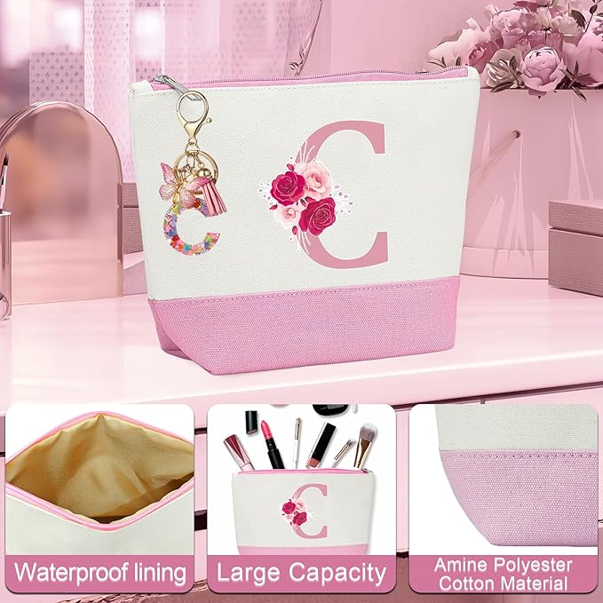 Initial Canvas Tote Bag,Birthday Gifts for Women,Monogrammed Gifts for Women,16oz Glass Cup,Personalized Gift for Mom,Initial Makeup Bag,Unique Gift for Mom Sister Bestie-C