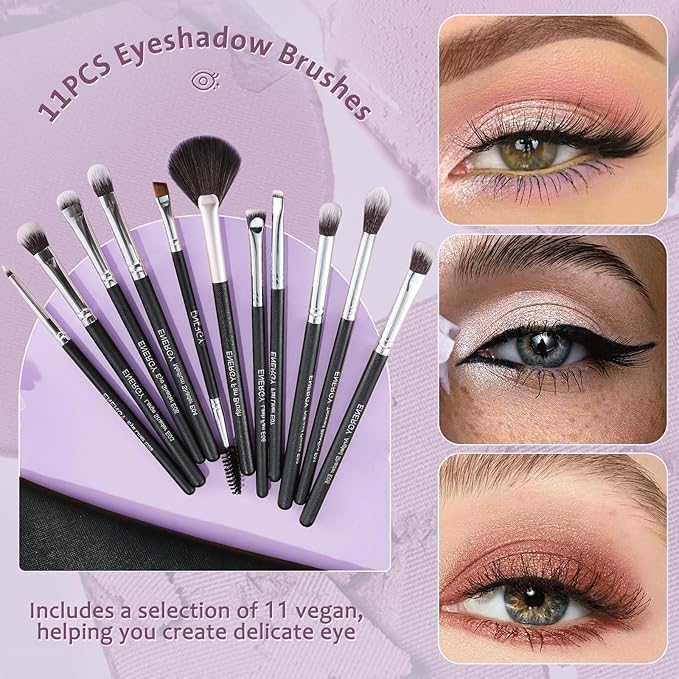 ENERGY Eyeshadow Brush Set 11PCS Professional Makeup Brushes for Eye Shadow Brows Smudge Concealer Eyeliner Eyelash Highlighter Blending Vegan Synthetic Face Make Up Kit with Travel Case Black