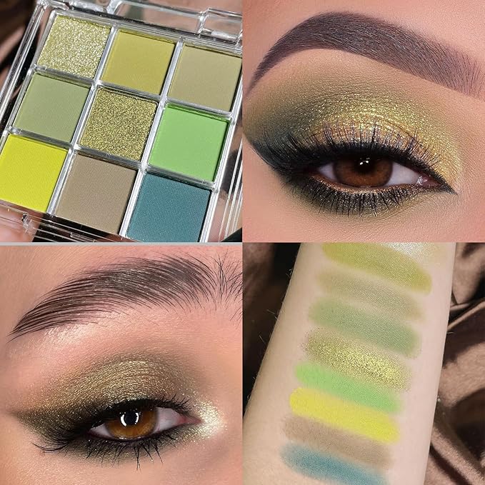 Erinde 9 Colors Eyeshadow Palette, Matte Shimmer Glitter Eye Shadow Palette Makeup, Highly Pigmented Long Lasting Waterproof, Natural Neutral Nude Eyeshadow Make Up Pallet, Yellow Green