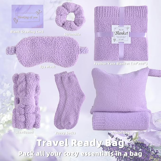 JOOJA Cozy Birthday Get Well Soon Gift Basket Care Package for Women with Blanket, Fuzzy Socks, Eye Mask, Headband Cozy Essentials - Lavender