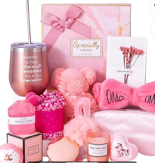 Pink Gift Set for Women with Tumbler, towel,sleep eye mask, cute bow headband,scented candle, rose gold mirror, Bath Accessories and Decorative Box