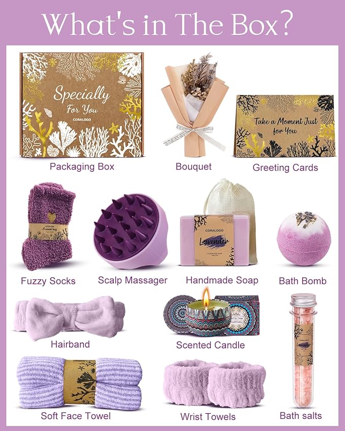 Coralogo Lavender Spa Gift Baskets - Natural Pampering Spa Set, Self-Care Beauty Gift Basket, Wellness Bath & Body Works, Unique Gifts for Birthday, Valentines Day, Mothers Day for Mom, Wife, Her