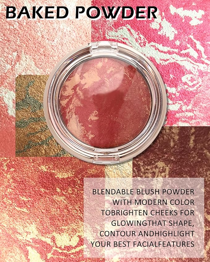 Baked Powder Blush, Glow Marbleized Blusher Powder Palette,Lightweight Shimmery face Blush for Cheek,Eyeshadow Highlight,Thanksgiving Makeup Gift for Women rubores de maquillaje(0.49Ounce)-05