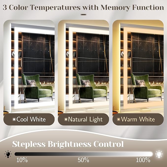 FENNIO Large Vanity Mirror with Lights，42" x 32"Makeup Mirror with Lights，Hollywood Mirror with 3 Color Modes & Adjustable Brightness，Vanity Mirror Square White