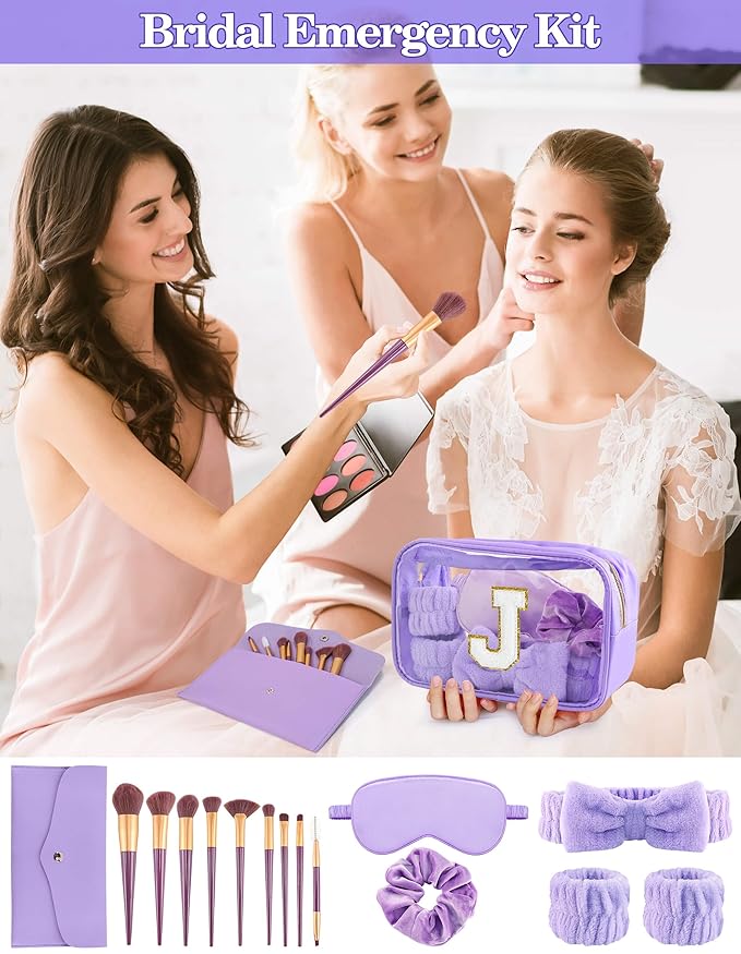 Gift Sets for Women, Initial Makeup Bag with Makeup Brush Set Bachelorette Party Favors, Purple Spa Kit with Skincare Headbands Wrist Bands Sleepover Party Supplies Gifts for Teen Girls Bridesmaid J