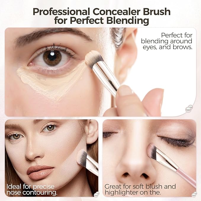 Concealer Brush with Travel Cover – Angled Under Eye Makeup Small Foundation Precision Face Blending Brush for Color Corrector & Nose Contour, Soft Vegan Bristles for Sensitive Skin (PINK)