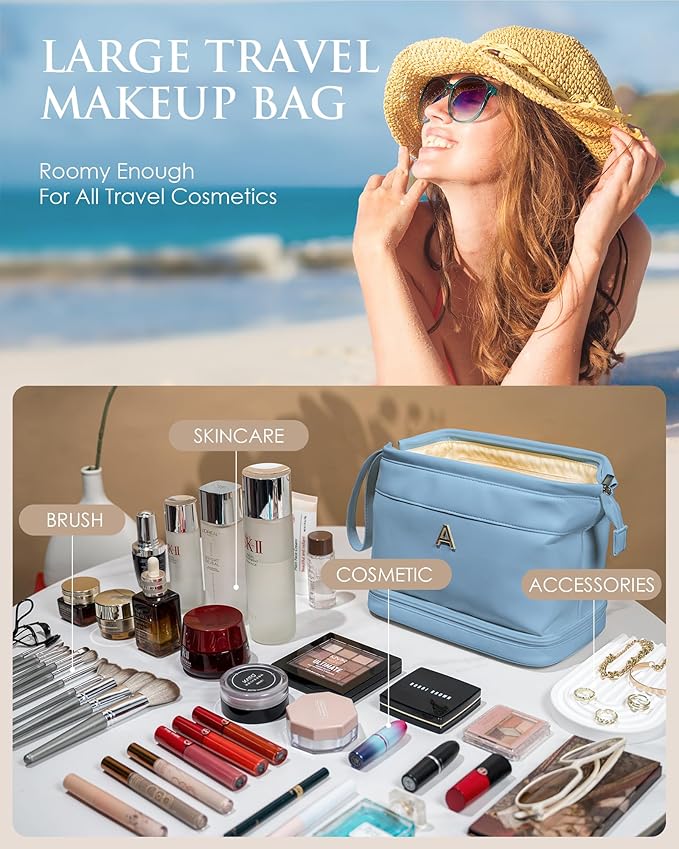 Initial Makeup Bags for Teens Girls, Personalized Double Layer Cosmetic Bag with Makeup Brush Organizer, Large Capacity PU Leather Travel Toiletry Bag, Gifts for Friends Female Mom