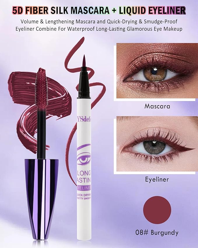 Burgundy Mascara Liquid Eyeliner Set,5D Waterproof Silk Fiber Colored Mascara Volume and Length,Longlasting Smudgeproof Color Eye Liner Pen,Halloween Colorful Eye Makeup Gift Kit for Women Girl-08