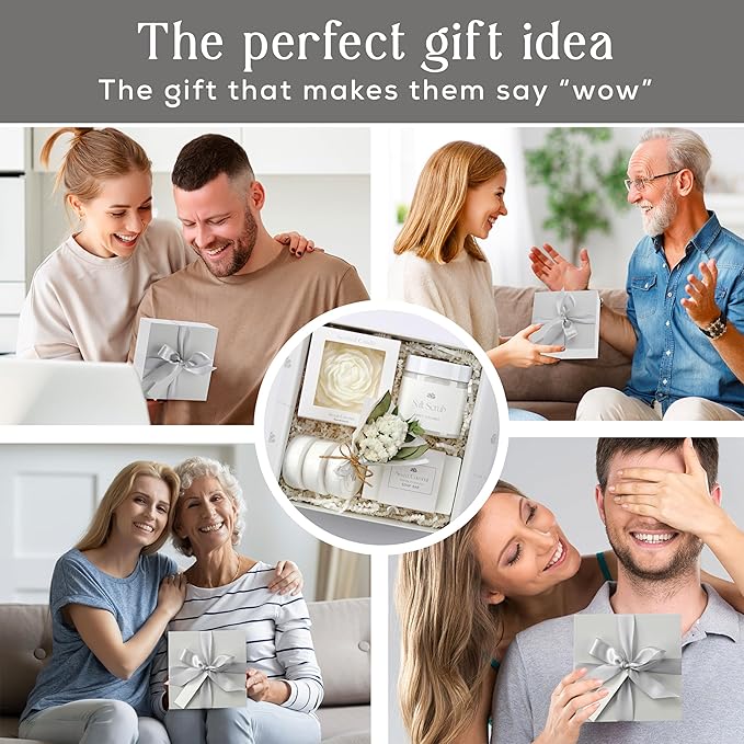 Sweet Coconut Spa Gift Set for Women – Relaxation Gift Basket with Candle, Soap, Salt Scrub & Shower Steamers – Unique Birthday, Bridal Shower, Thank You & Self Care Gifts