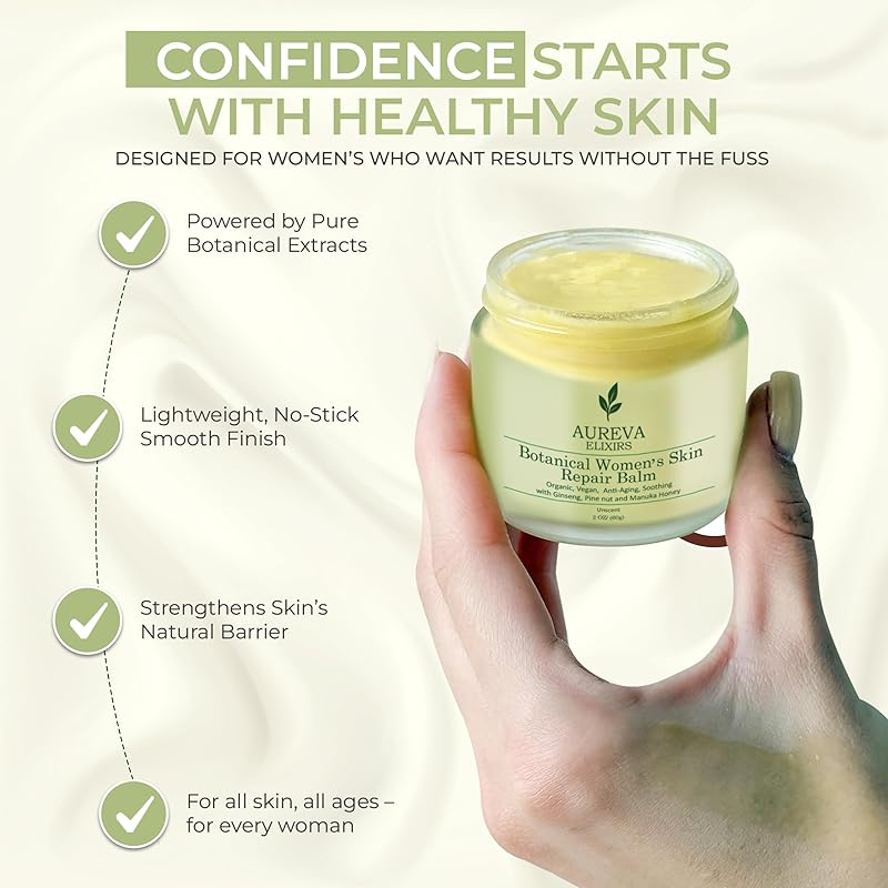 Botanical woman’s skin repair balm – Anti-Aging Moisturizer for Face, Body, Neck & Décolleté – Soothes Redness, Dryness, Itchy Skin – Calendula, Chamomile, Ginseng – 2oz Unscented