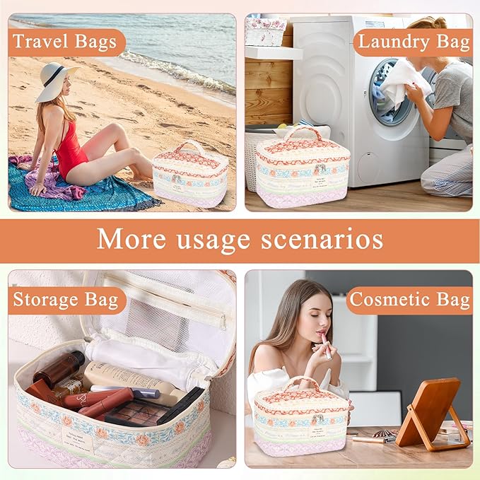 Anfly Makeup Bag, Quilted Cosmetic Bags, Large Floral Make Up Bag, Cute Makeup Bag 3PC Set for Women Girls (Color Clash)