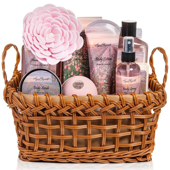Spa Baskets For Women - Luxury Bath Set With Rose Oil & Orchid - Spa Kit Includes Wash, Bubble Bath, Lotion, Bath Salts, Body Scrub, Body Spray, Shower Puff, Bathbombs, Soap and Towel