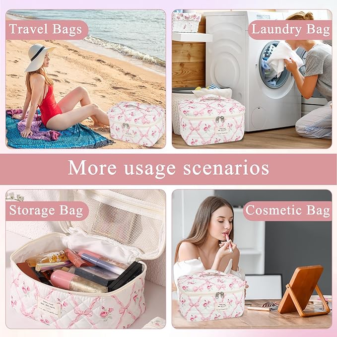 Anfly Makeup Bag, Quilted Cosmetic Bags, Large Floral Make Up Bag, Cute Makeup Bag 3PC Set for Women Girls (Pink Bow)