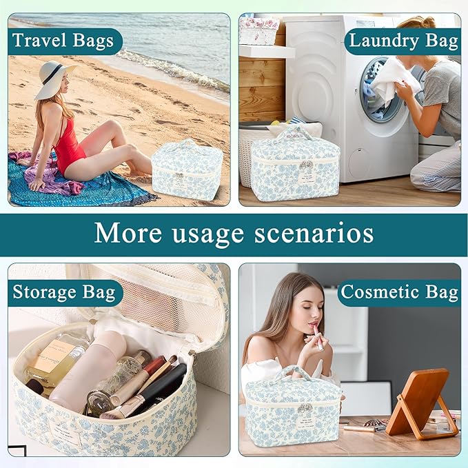 Anfly Makeup Bag, Quilted Cosmetic Bags, Large Floral Make Up Bag, Cute Makeup Bag 3PC Set for Women Girls (Blue)