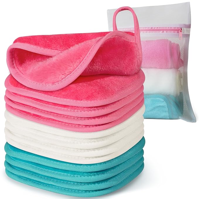 Makeup Remover Cloth, 6" x 6" Make Up Towels Reusable Face Cloth for Washing Face, Makeup Remover Pads Microfiber Face Washcloth with Mesh Bag, Just Water, 12 Pack