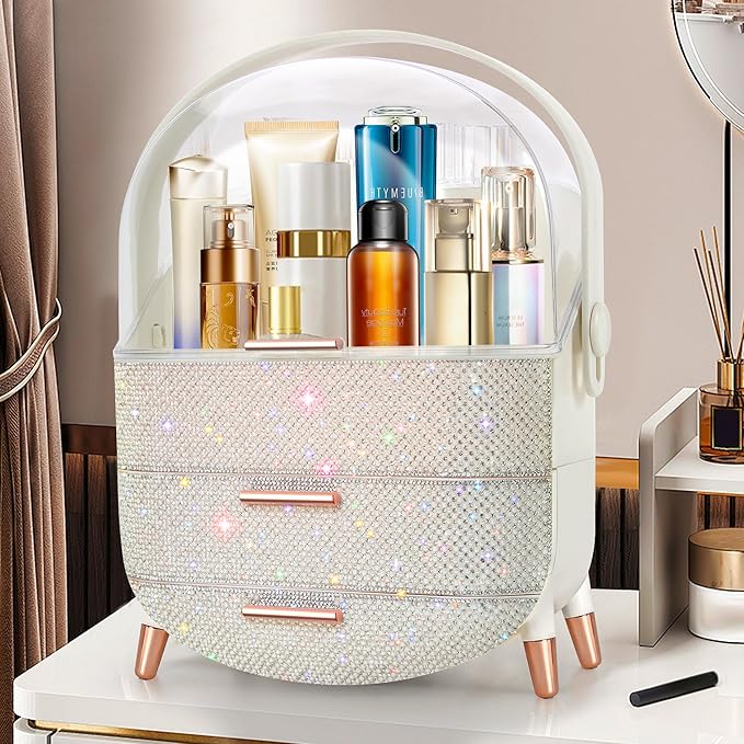 Bling Makeup Organizer for Teen Girl Gift,Hollywood Vanity Makeup Storage Box for Girl Birthday Gift,Practical Gift for Daughter,Bathroom Organizer,Skincare Organizer (Rhinestone White)