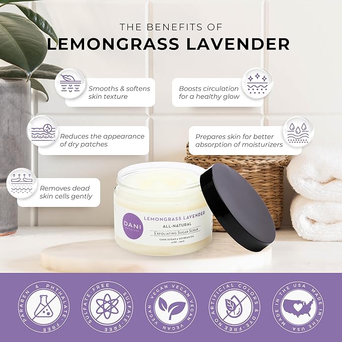 DANI Naturals Sugar Scrub - Exfoliating Lemongrass Lavender with organic cane sugar and shea butter gently exfoliates and hydrates, leaving skin smooth and refreshed. 14 oz