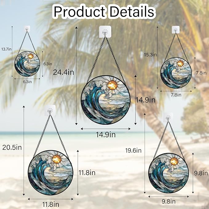 Stained Glass Window Hanging, Blue and White Waves Suncatcher Diamond Glass Panel Landscape Sun Catchers Decor for Birthday for Women, Men, Wife, Aunt, and Mom 14.9x14.9 in