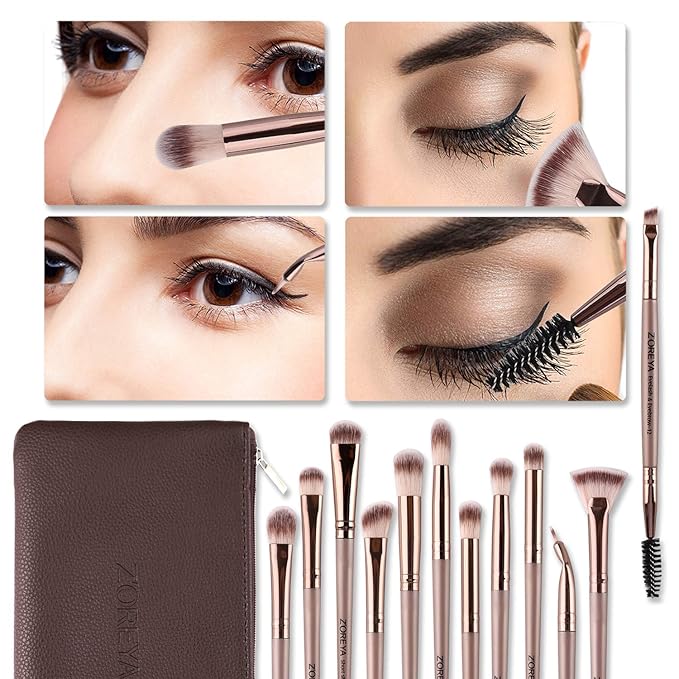 Z'OREYA Eye Makeup Brushes, 12 Pcs Professional Eye Brush Set Eyeshadow, Eyebrow, Blending, Fan, Eyelash Brush Set With Carrying Bag(Champagne Gold)