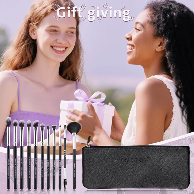 ENERGY Eyeshadow Brush Set 11PCS Professional Makeup Brushes for Eye Shadow Brows Smudge Concealer Eyeliner Eyelash Highlighter Blending Vegan Synthetic Face Make Up Kit with Travel Case Black